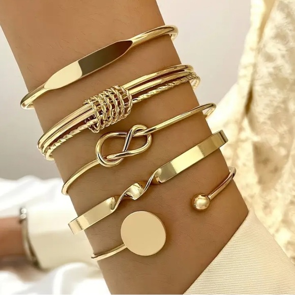 Jewelry - 5pcs Trendy Vintage Style Bangle Set Stylish Geometric Cuff Bracelets Golden